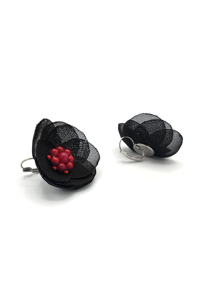 Cercei floare - Elara - voal negru - mijloc perle rosii - tortite inox