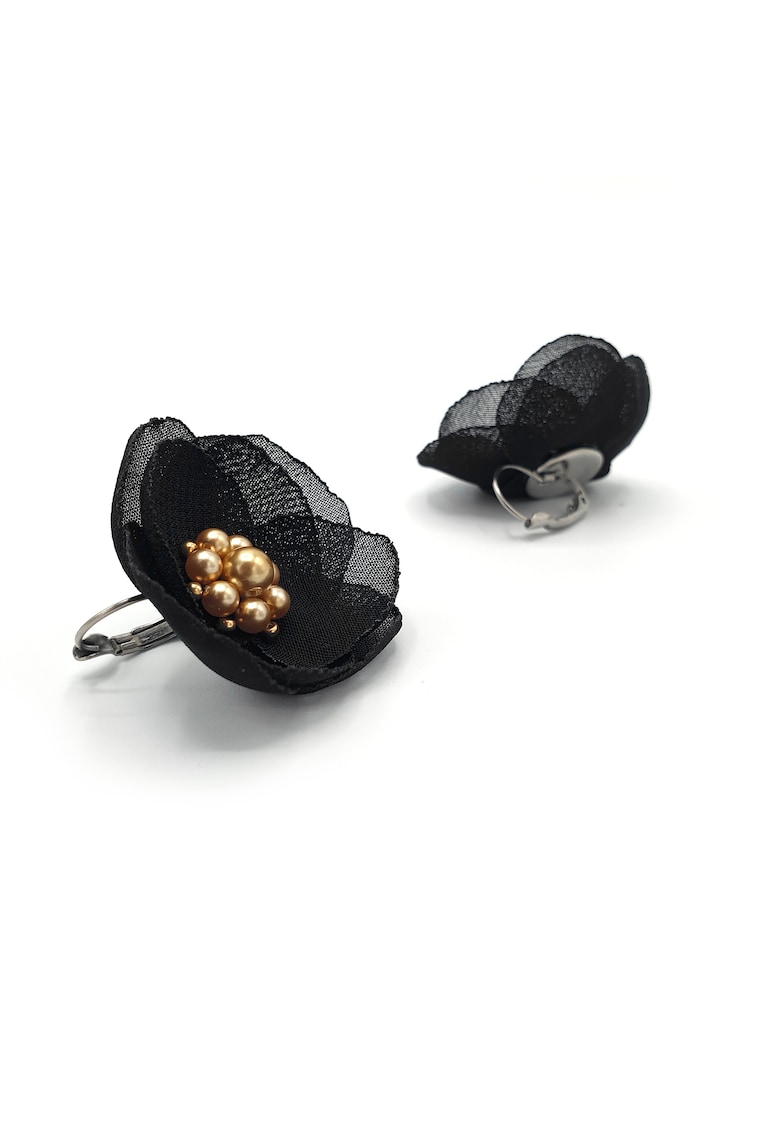 Cercei floare - Seren - voal negru - mijloc perle aurii - tortite inox