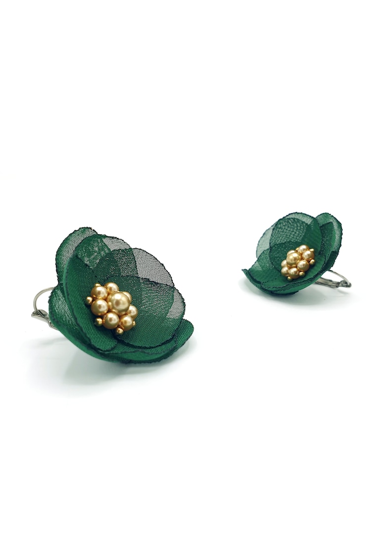 Cercei floare - Eliza - voal verde - mijloc perle aurii - tortite inox