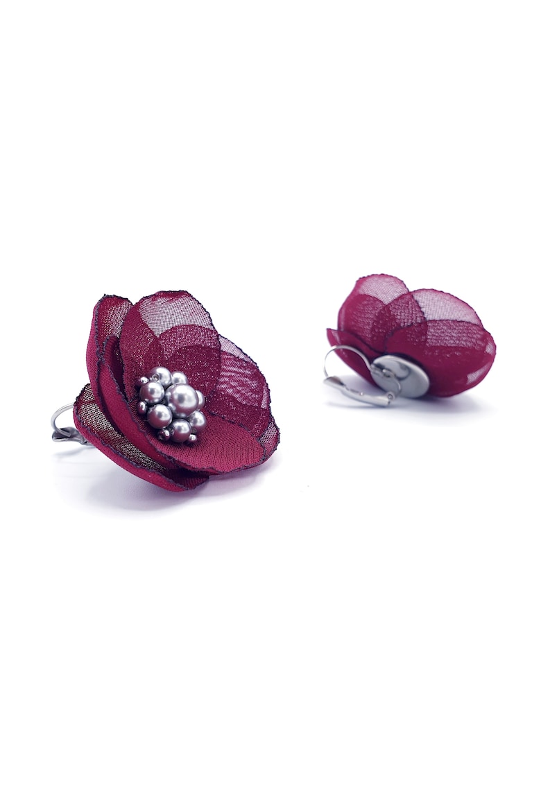 Cercei floare - Evelyn - voal burgundy - mijloc perle argintii - tortite inox