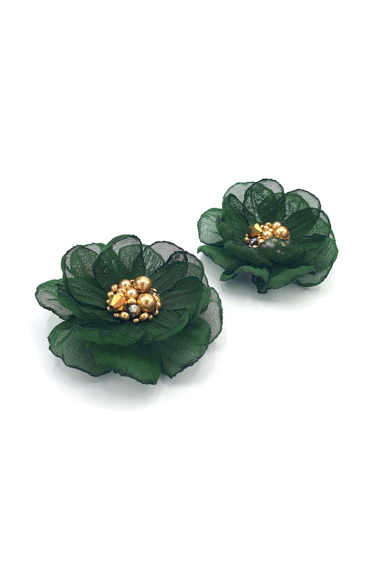 Cercei floare cu clips - Olivia - voal verde - mijloc perle si cristale aurii
