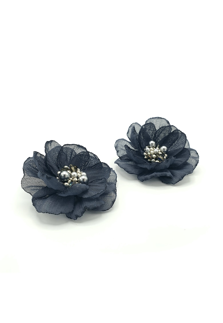 Cercei floare cu clips - Gianna - voal gri inchis - mijloc perle si cristale argintii