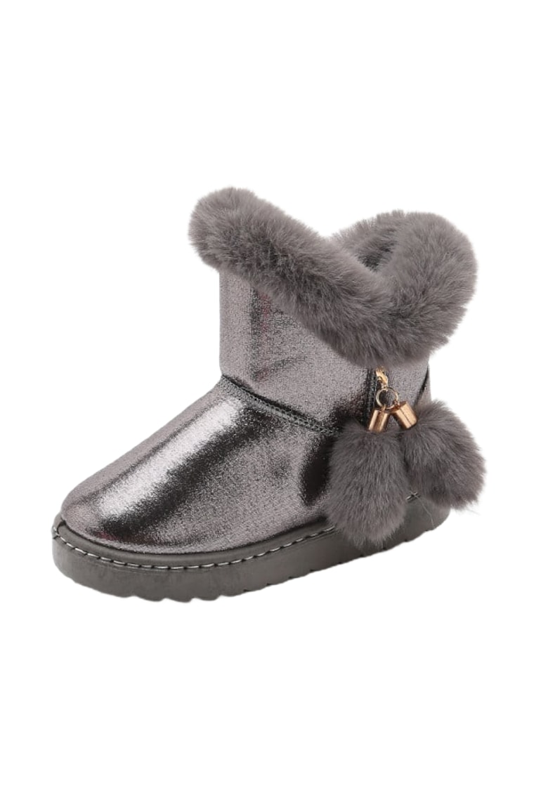 Cizme Imblanite - Cu Ciucurei - Sidefate - Peste glezna - Piele ecologica - Fete - Fara inchidere - Gri