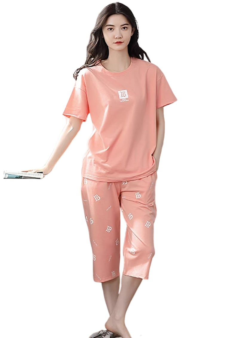 Pijama dama - set doua piese - bluza maneca scurta si pantaloni trei sferturi - model minimalist - simplu delicat - tematica be cozy - EFAYN