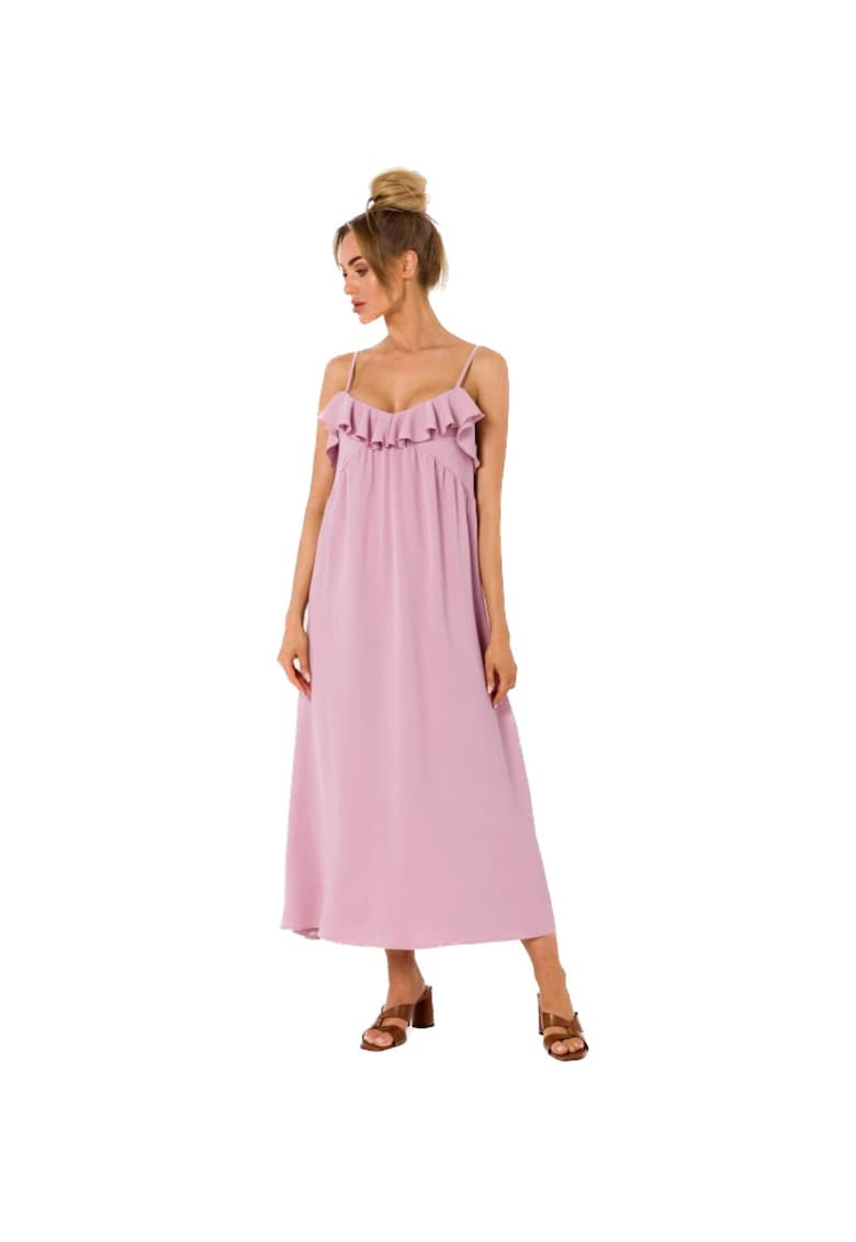 Rochie midi evazata cu bretele subtiri si volane -