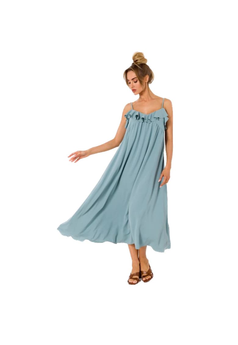 Rochie midi evazata cu bretele subtiri si volane -