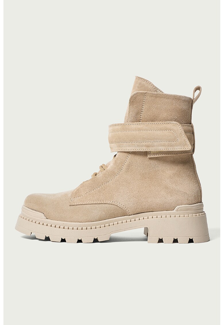 Ghete din piele intoarsa cu bareta pentru glezna - Maro camel