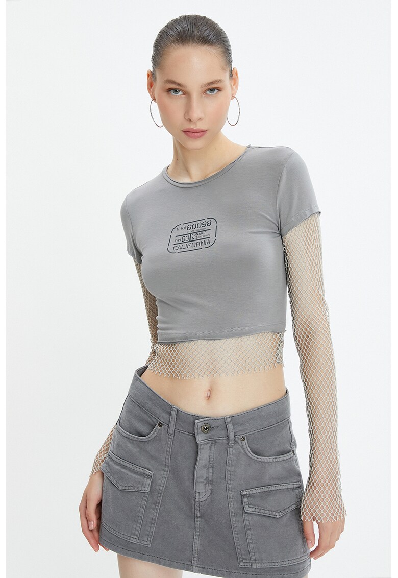 Bluza crop cu maneci de plasa - Gri cenusiu