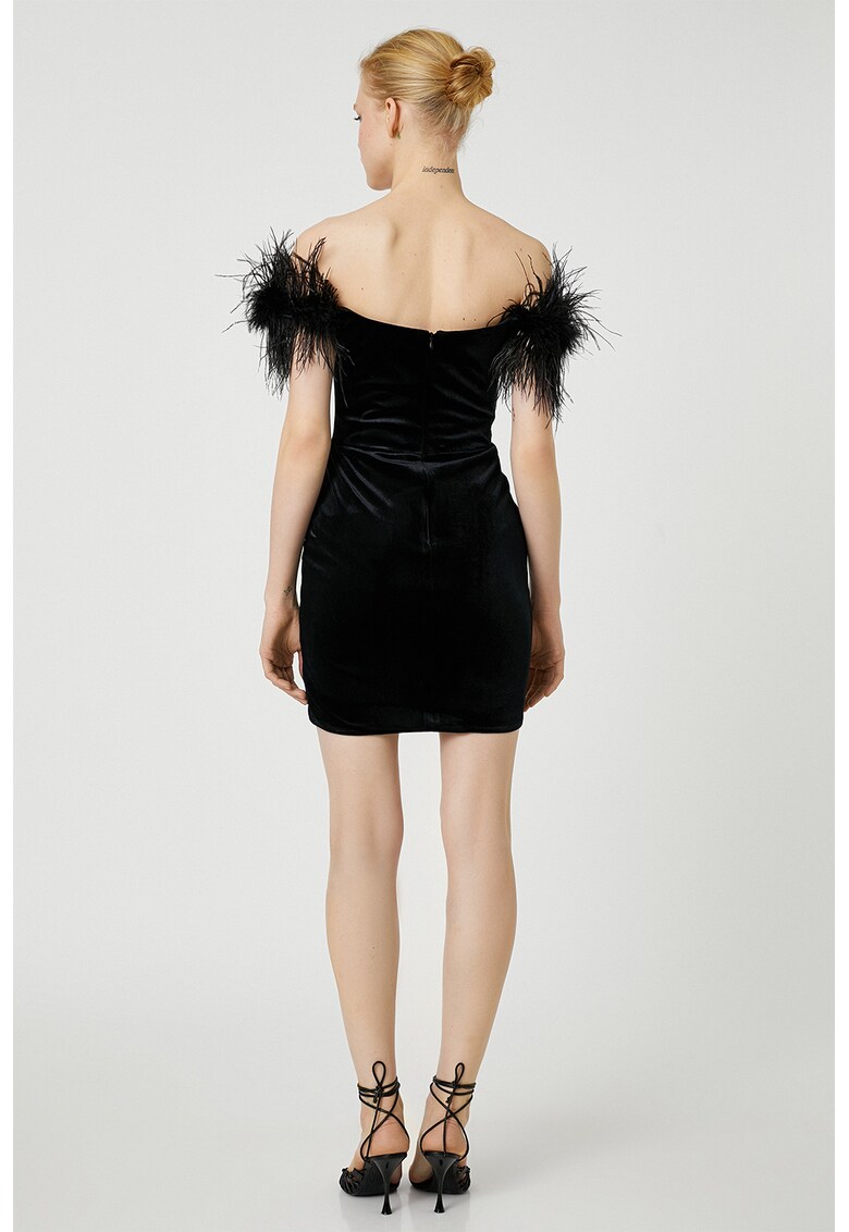 Rochie mini cu aspect de catifea si aplicatii de pene sintetice