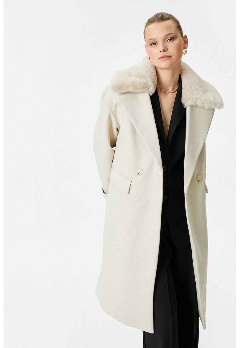 Palton lung cu garnitura de blana sintetica