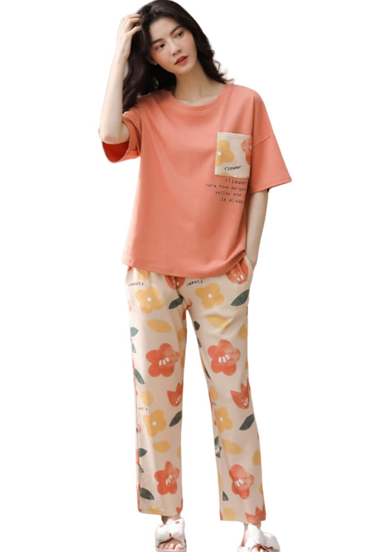 Pijama dama - set 2 piese - bluza maneca lunga cu buzunar la piept si pantaloni lungi - model cu flori - tematica I love flowers - EFAYN