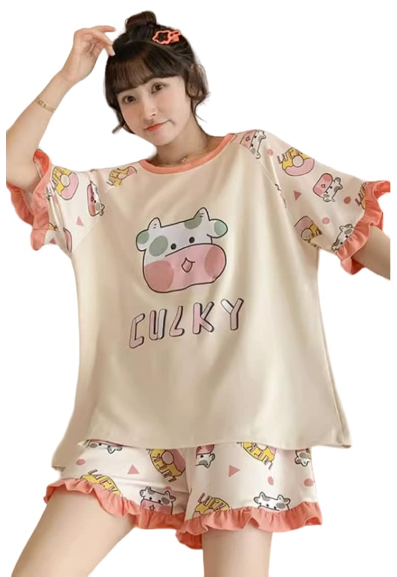 Pijama dama - set 2 piese - bluza maneca scurta si pantaloni scurti - model cu animalute simpatice - tematica cozy life - EFAYN