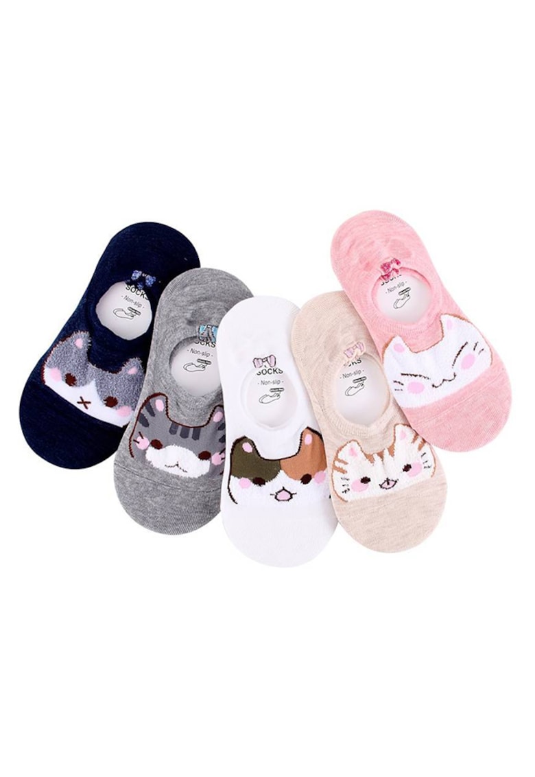 Sosete dama - set 5 perechi - model scurt cu imprimeu animalute simpatice - tematica I love cute cats - non – slip - EFAYN