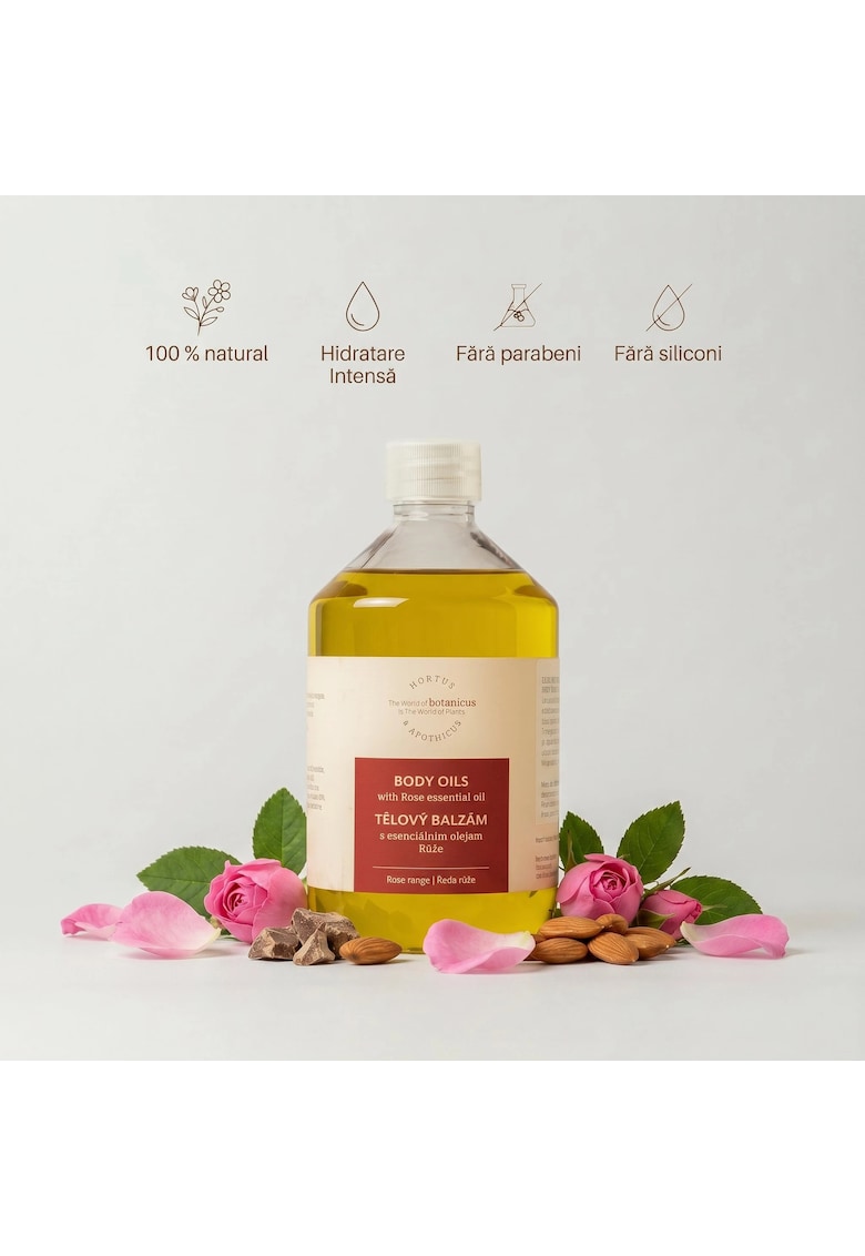 Ulei de corp cu ulei esential de Trandafir 100 % natural - 500 ml - hidratare intensa pentru pielea uscata si normala - textura lejera si absorbtie rapida - ideal pentru masaj