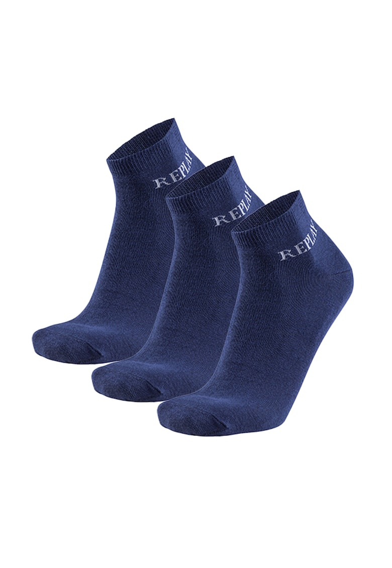 Replay Set de sosete unisex scurte cu logo - 3 perechi - Albastru inchis