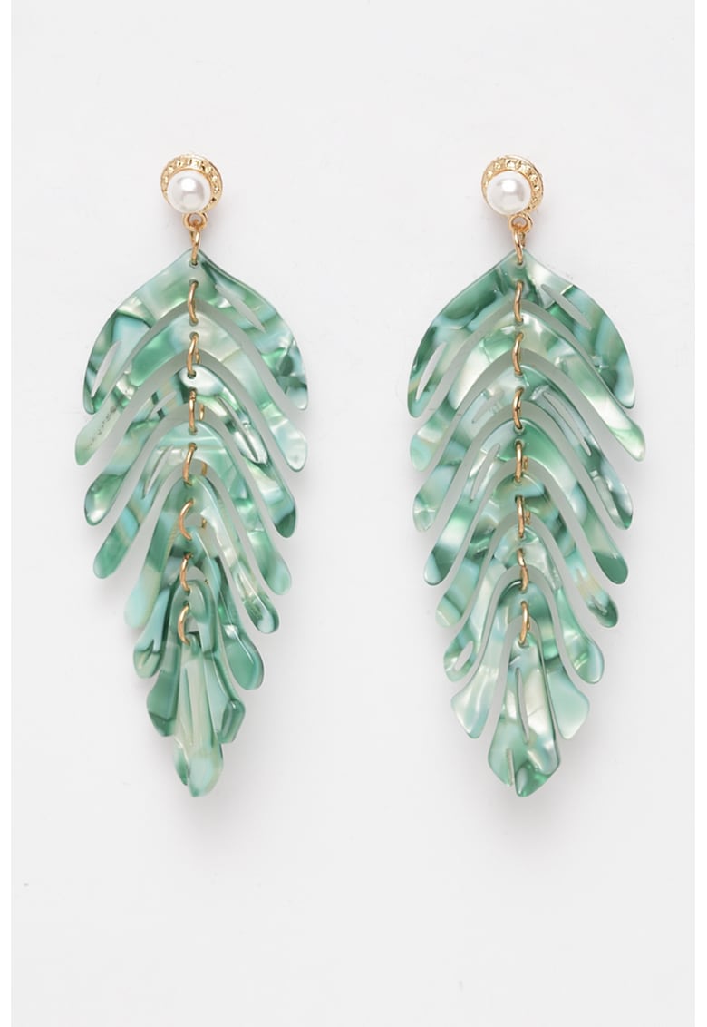 Cercei drop cu tija - in forma de frunza - Verde/Auriu