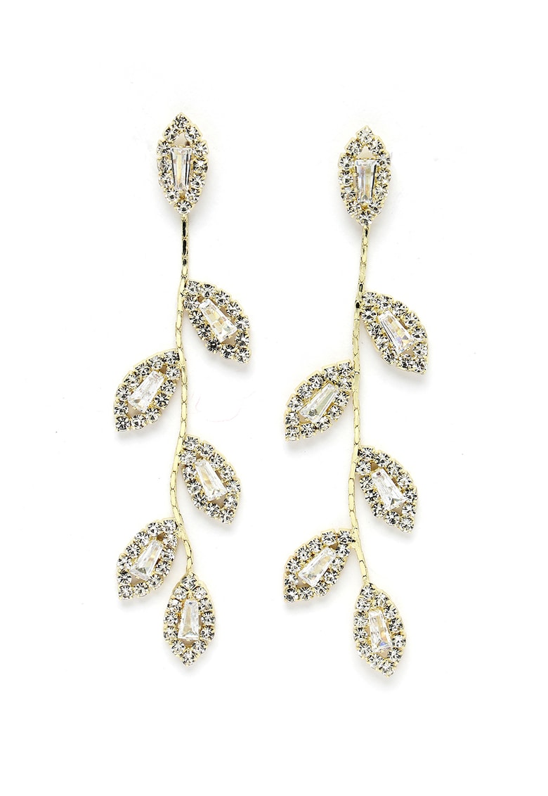 Cercei drop in forma de frunza placati cu aur de 18K si decorati cu cristale