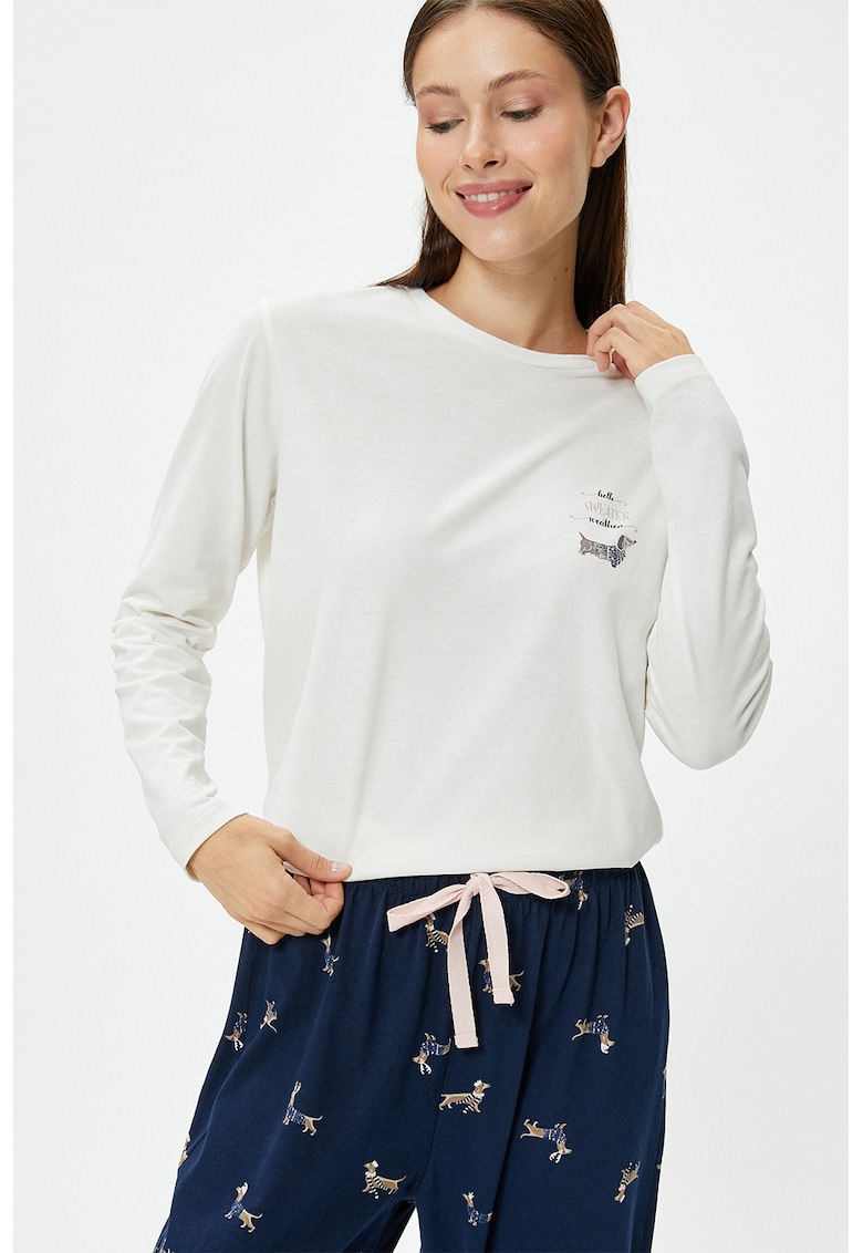 Bluza de pijama de bumbac cu decolteu la baza gatului