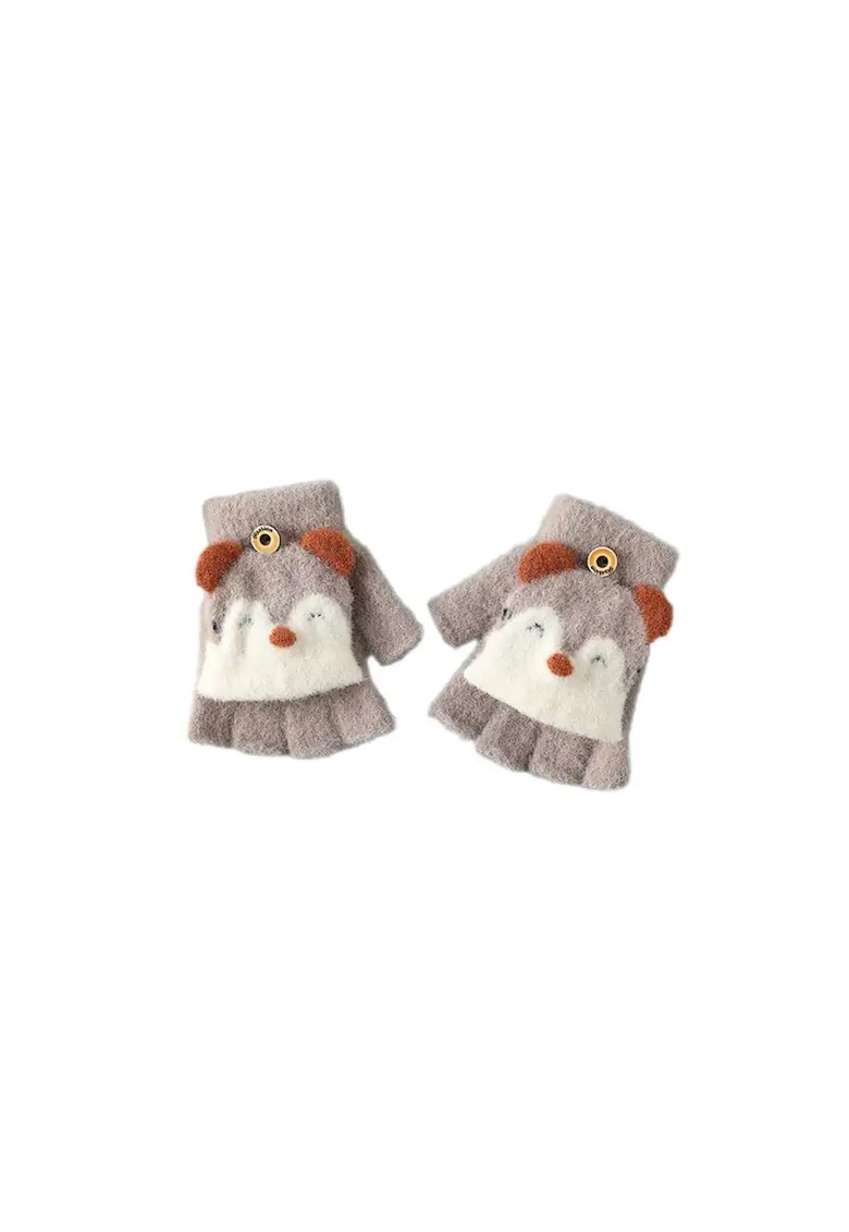 Manusi pentru copii - model cu degetele descoperite si capac decapotabil prindere cu nasture - manseta elastica - accesorizate cu puisor vesel - tematica happy winter - EFAYN