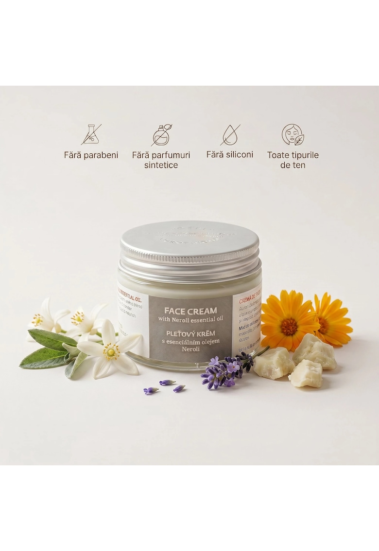 Crema de fata naturala cu Neroli - 50g - fara parabeni si siliconi - potrivita pentru toate tipurile de ten - hidratare intensa - calamare si protectie - textura lejera - absorbtie rapida