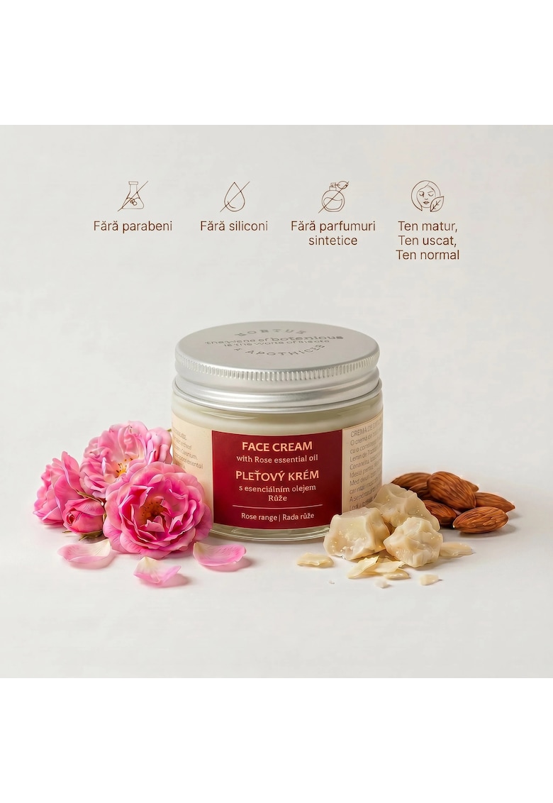 Crema de fata naturala cu ulei esential de Trandafir - 50g - fara parabeni si siliconi - hidratarea intensa a tenului uscat - sensibil sau matur - textura usoara - absorbtie rapida