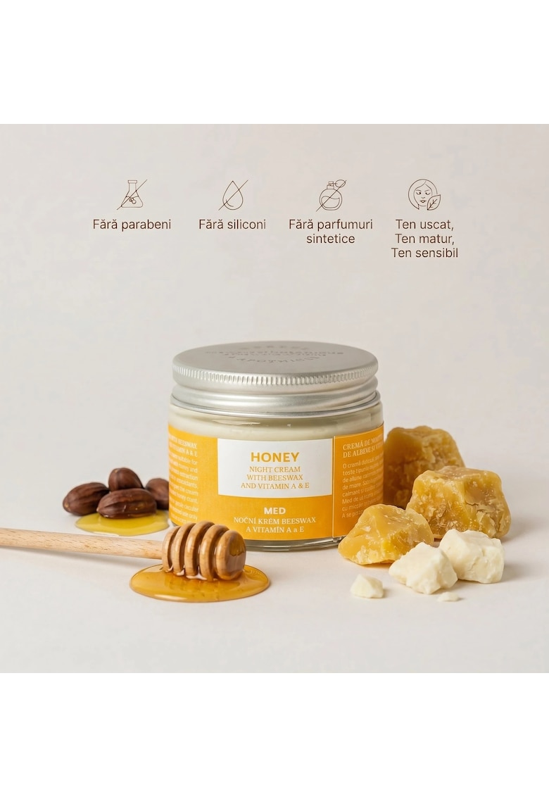Crema de noapte cu Ceara de Albine si Vitamine A si E - 50g - pentru ten uscat - matur si sensibil - fara parabeni si siliconi - hidratare intensa - regenerare celulara - efect anti-aging