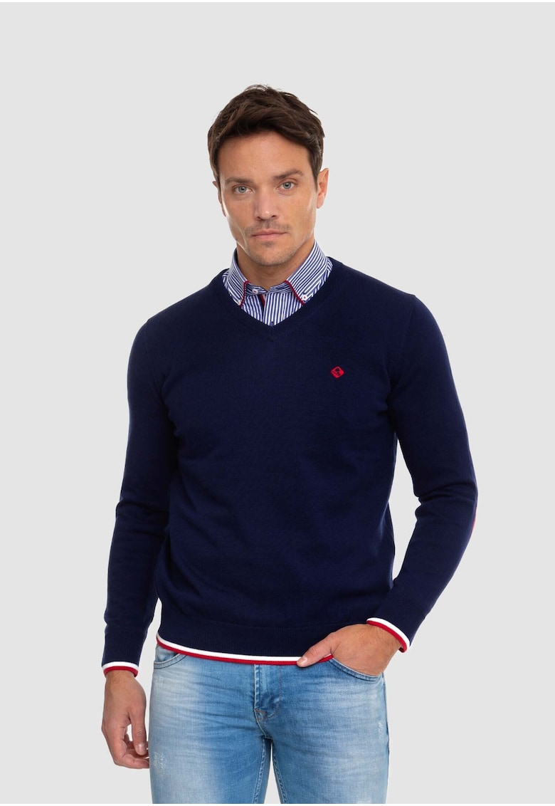 Pulover cu decolteu in V si aplicatii pe coate