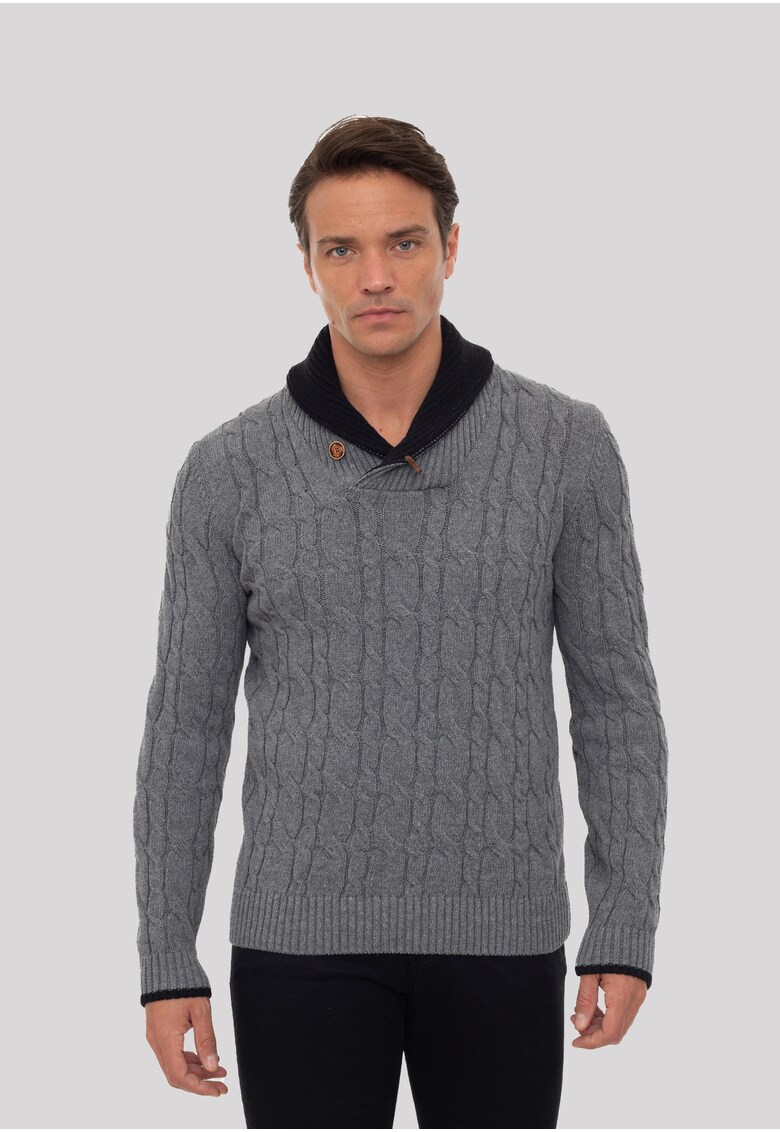 Pulover cu model torsade si guler sal - Gri melange
