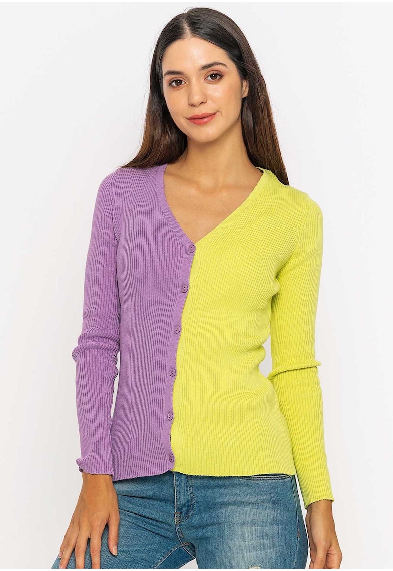 Cardigan cu decolteu in V si model colorblock