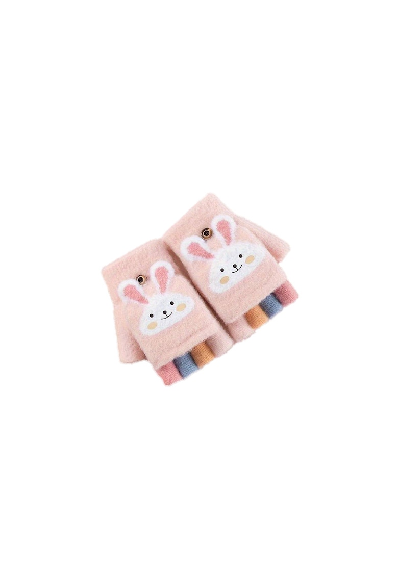 Manusi pentru copii - model cu degetele descoperite si capac decapotabil - prindere cu nasturel - accesorizate cu iepuras - manseta elastica - tematica cute bunny - EFAYN