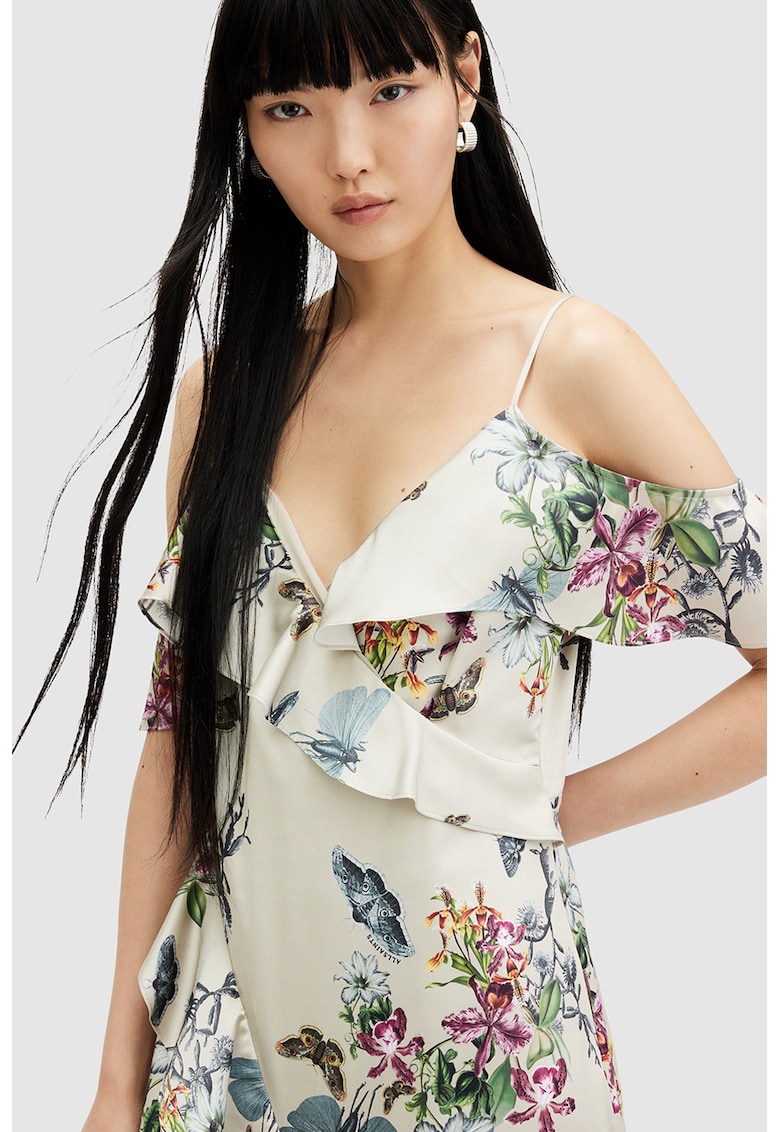 Асиметрична флорална рокля с дипли