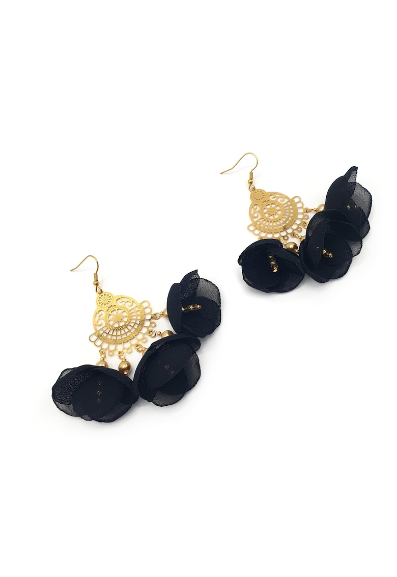 Cercei candelabru cu flori negre - Black Spanish Mood - perle si inox auriu - voal