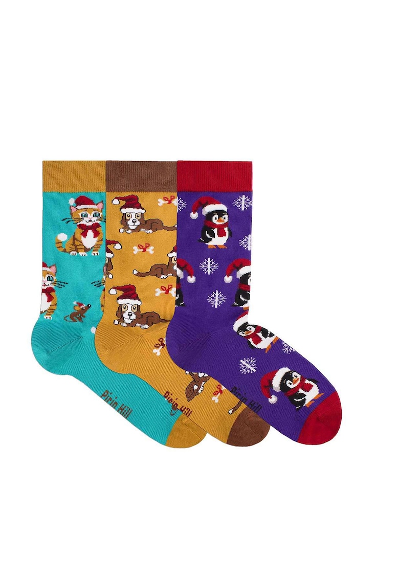 Set 3 perechi de sosete bumbac organic de craciun Colour Cotton Wintertime- Pinguin - Catel si Pisicuta