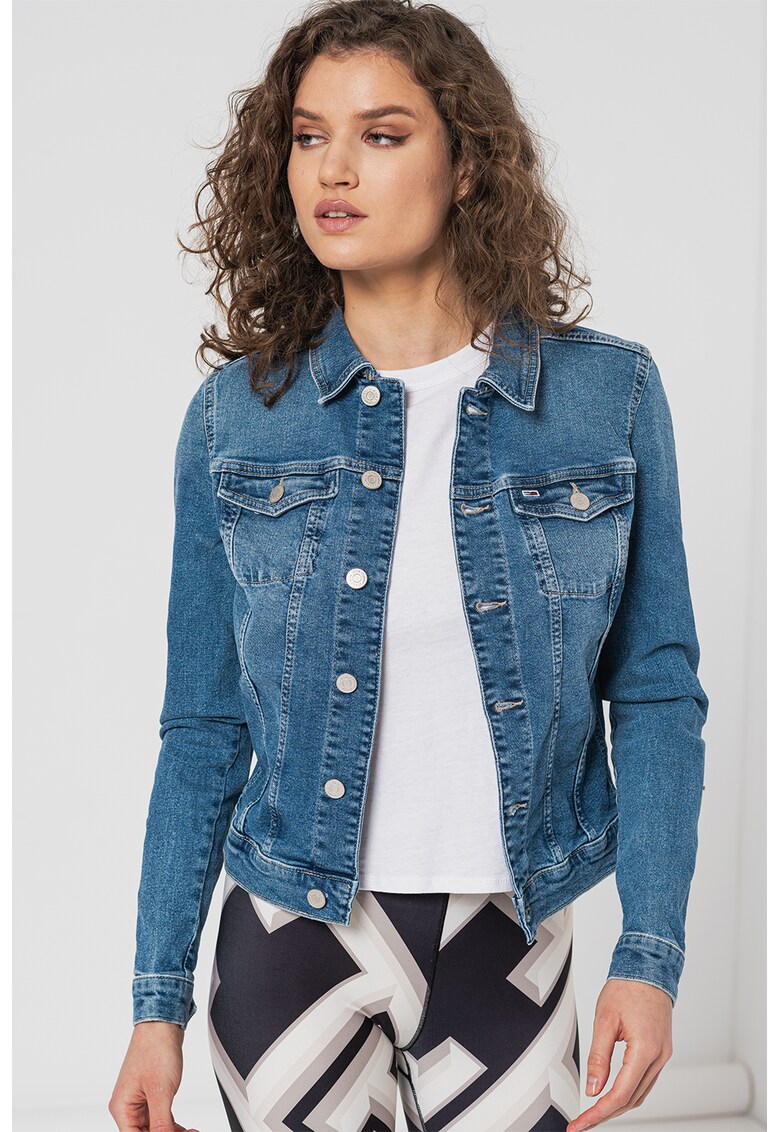 Jacheta de denim cu buzunar pe piept