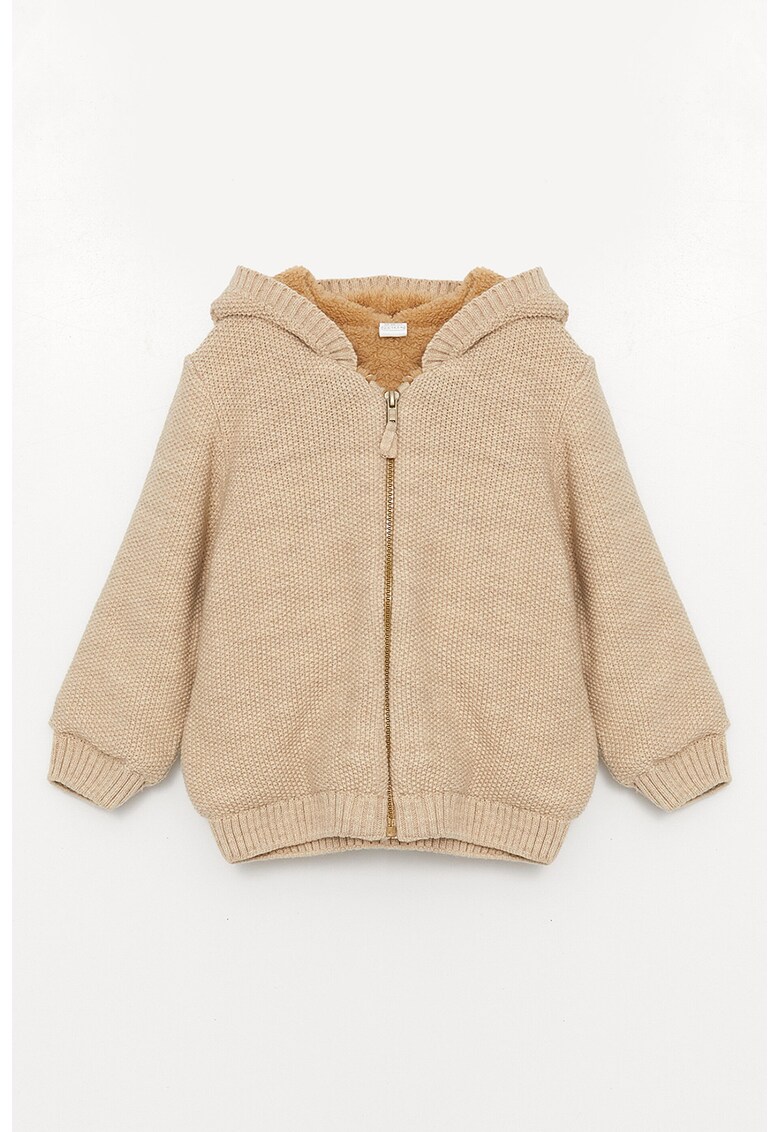 Jacheta tricotata fin cu gluga si captuseala de blana shearling sintetica