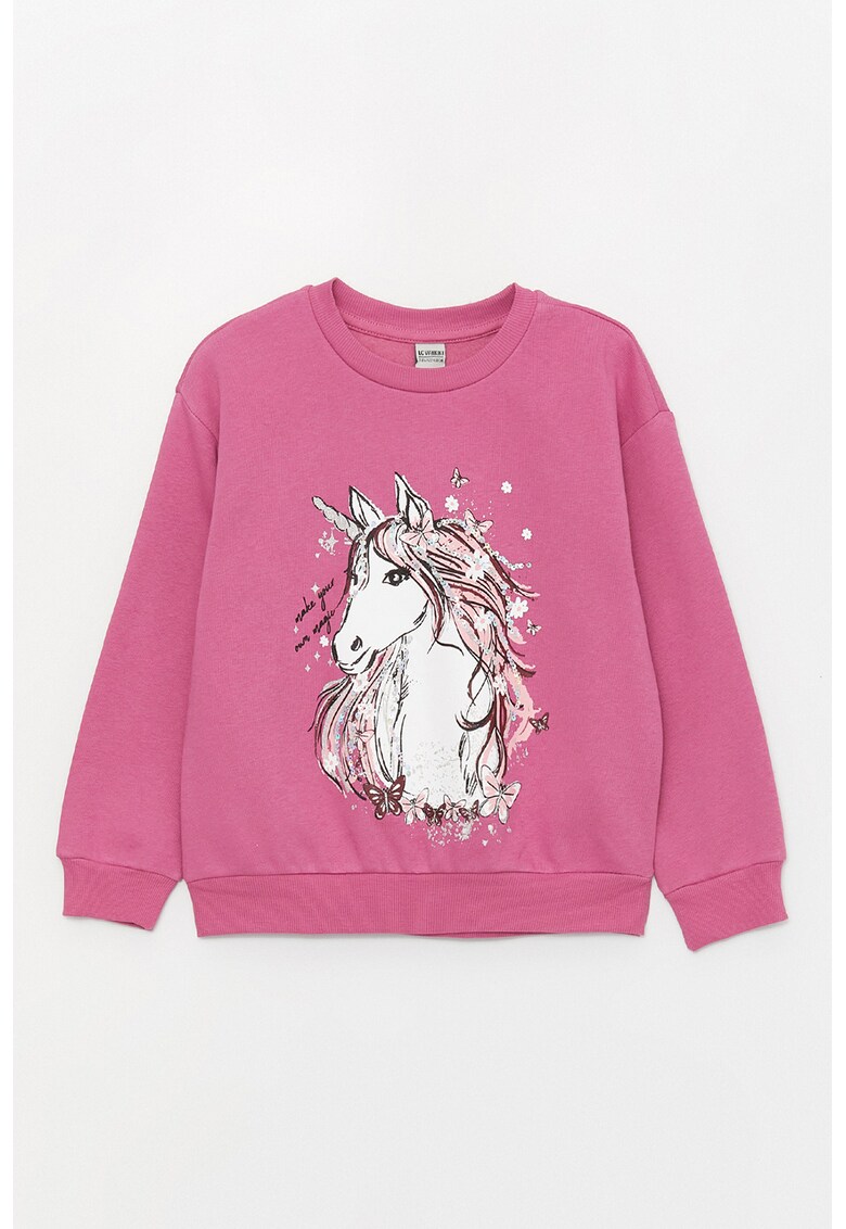 Bluza de trening cu captuseala de fleece si buzunar cu model unicorn