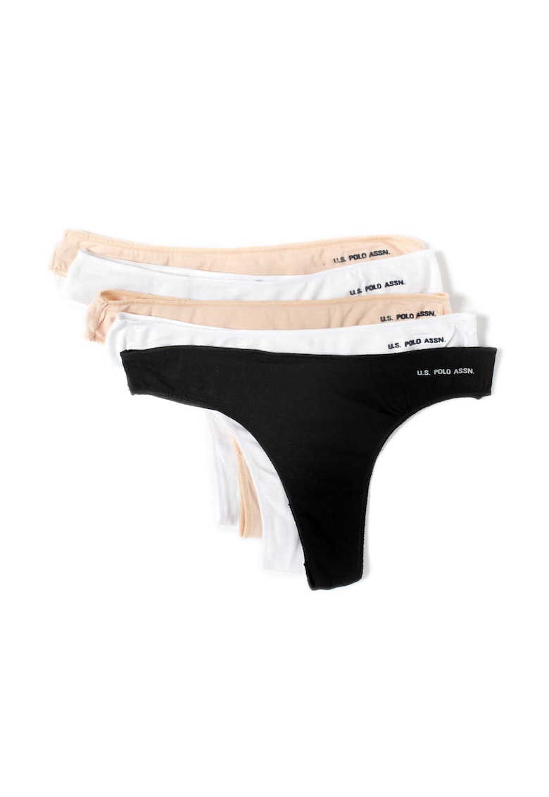 Set de chiloti tanga - 5 perechi - Alb/Negru/Bej