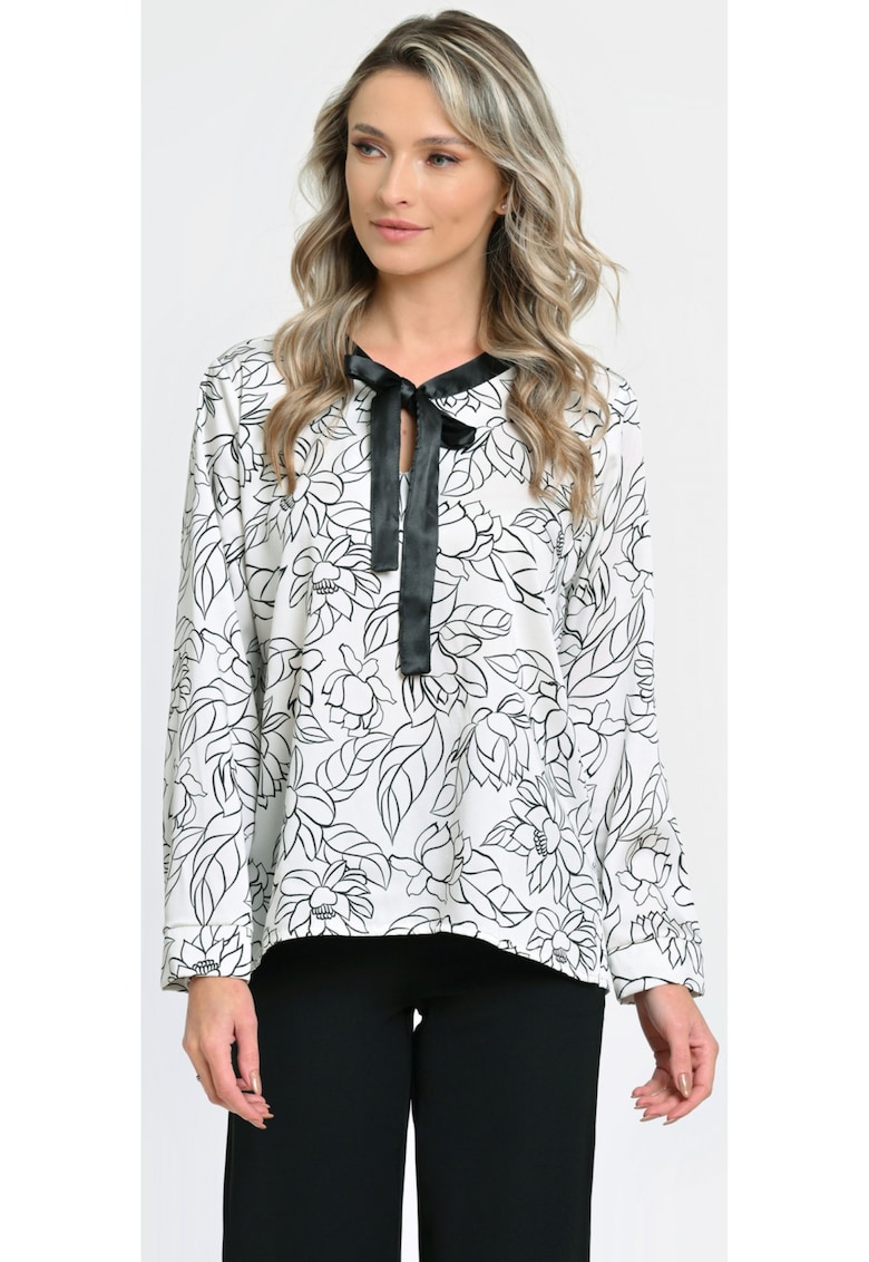 888144263-Bluza Dama cu Funda Subtire - Alb-Negru cu Imprimeu