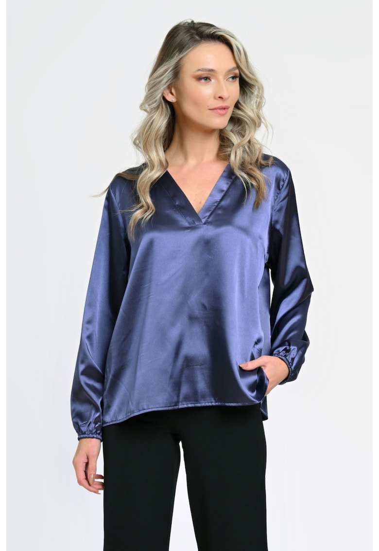 Bluza de dama cu fundita lata - satin indigo