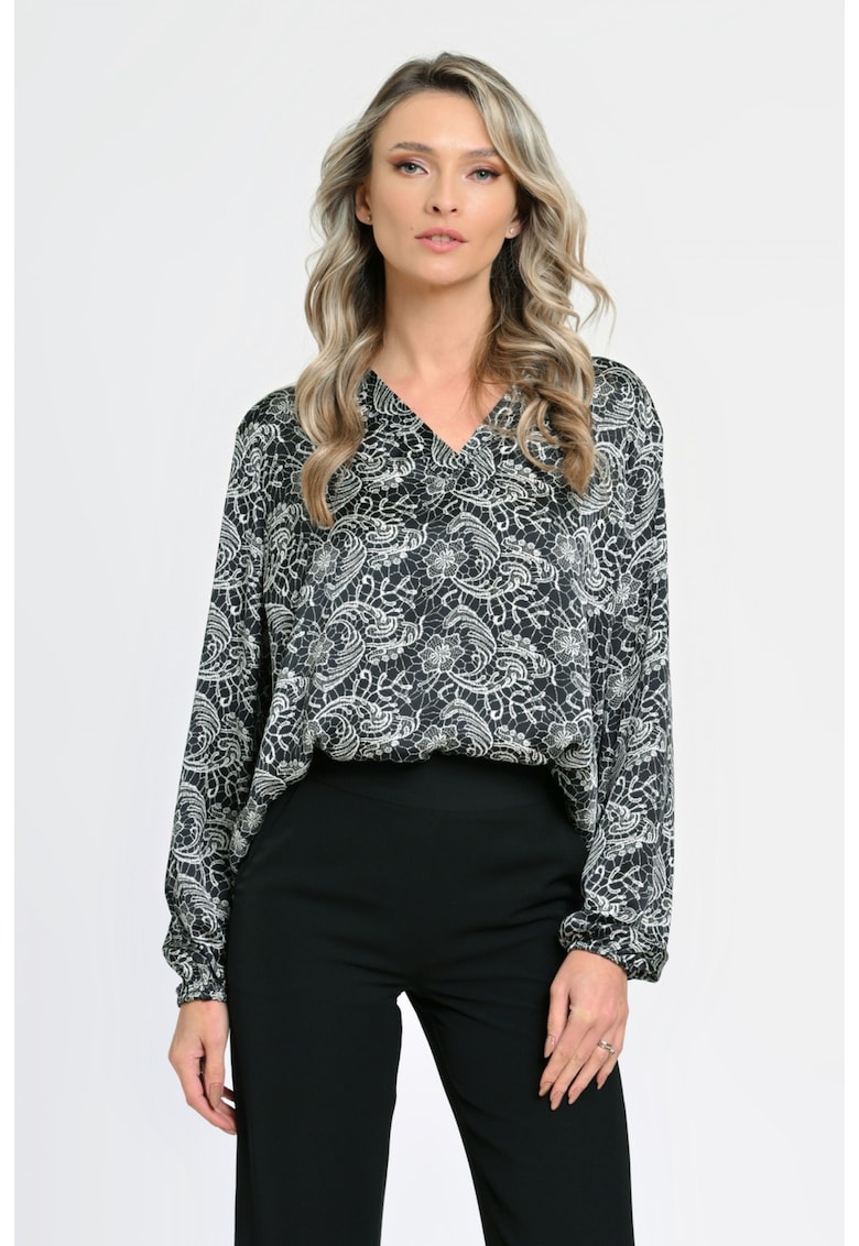 888144269-Bluza Dama cu Maneca lunga tip Kimono - Negru cu Alb stil Baroque