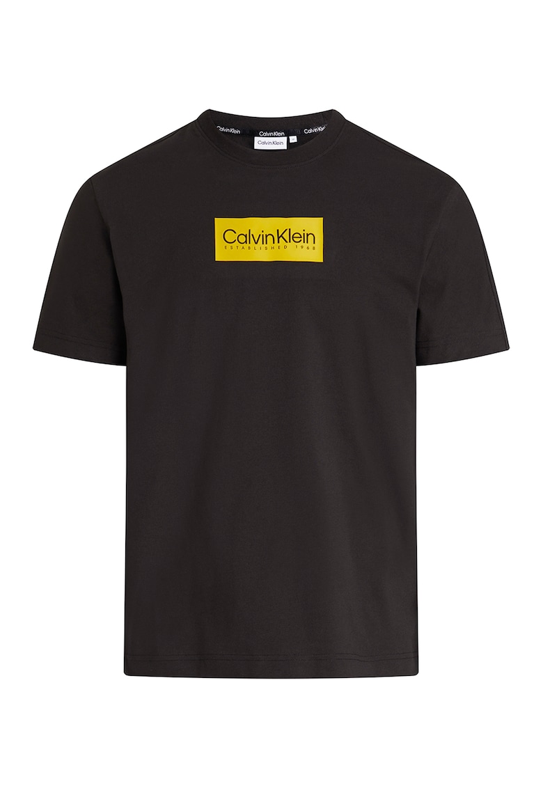 Tricou cu decolteu la baza gatului si imprimeu logo - Negru