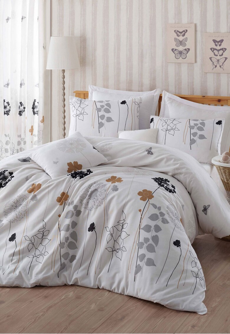 Set de pat alb cu imprimeu floral maro cu gri Atlantis 160X220-50X70