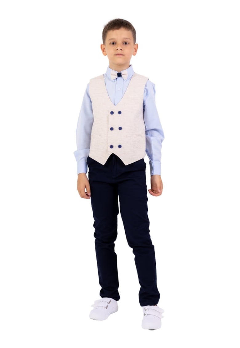 Costum elegant baieti - 4 piese - cu vesta - MY-5119 - Crem