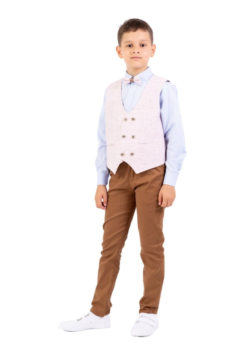 Costum elegant baieti - 4 piese - cu vesta - MY-5119 - Roz Crem