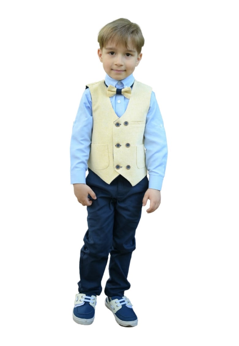 Costum elegant baieti - 4 piese - cu vesta - MY-5125 - Galben deschis