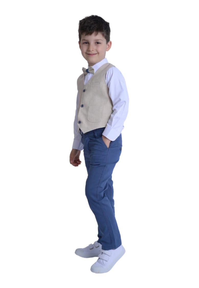 Costum elegant baieti - 4 piese - cu vesta - MY-5128 - Crem
