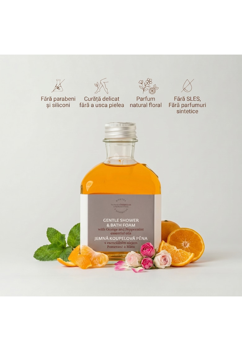Spuma de dus si baie cu ulei esential de Portocala si Menta - 195 ml - nu contin SLS si SLES - parfumuri sintetice sau coloranti artificiali