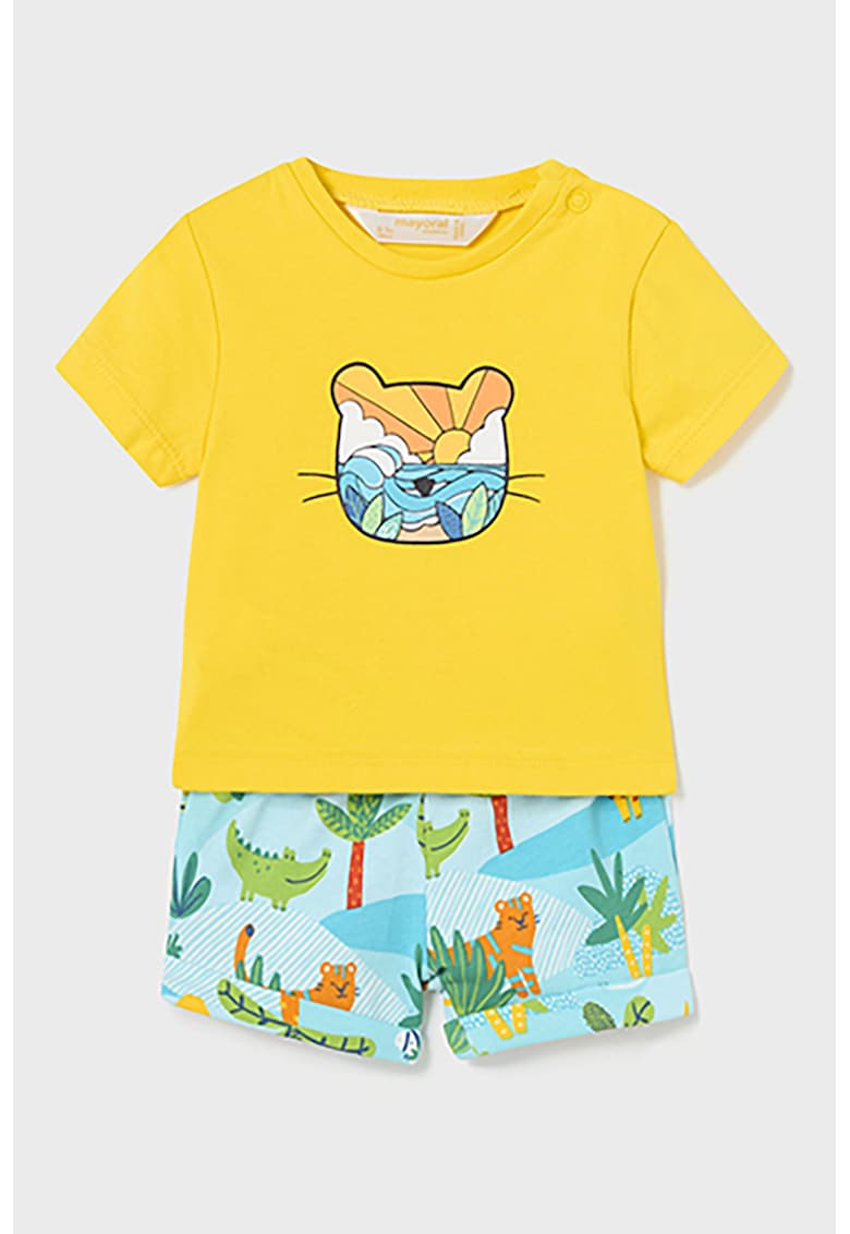 Set de tricou de bumbac si pantaloni scurti cu imprimeu grafic