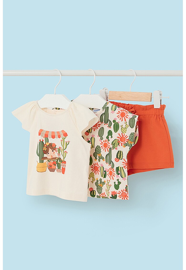 Set de tricou de bumbac si pantaloni scurti cu imprimeu grafic