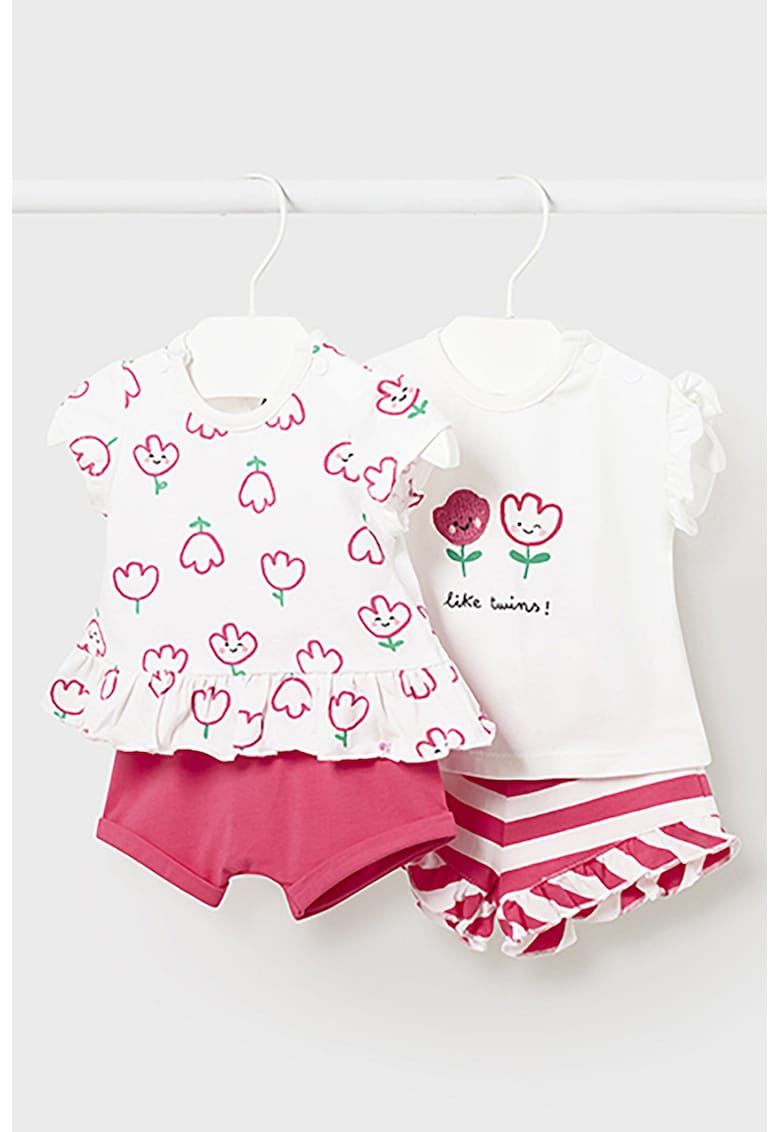 Set de tricou de bumbac si pantaloni scurti cu insertii cu volane - 2 costume